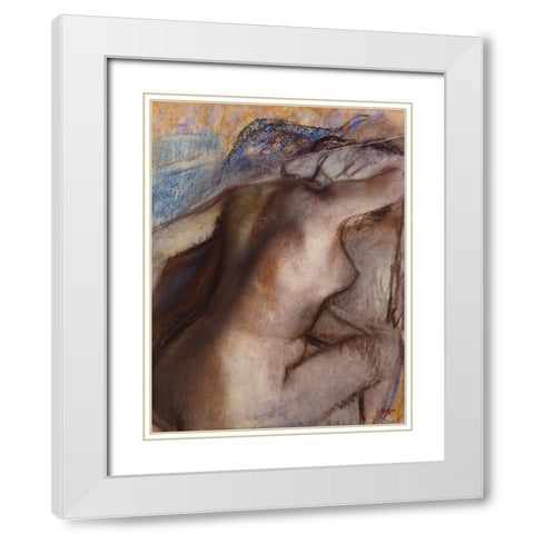 After the Bath, Woman Drying Herself White Modern Wood Framed Art Print with Double Matting by Degas, Edgar