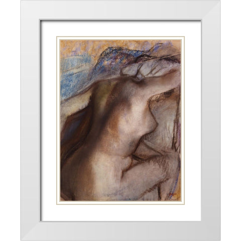 After the Bath, Woman Drying Herself White Modern Wood Framed Art Print with Double Matting by Degas, Edgar