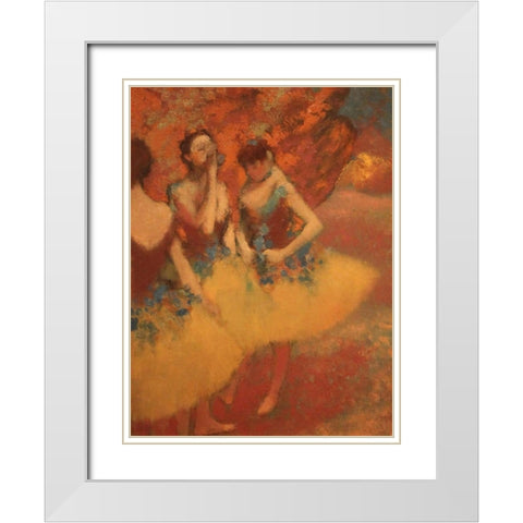 Three Dancers in Yellow Skirts White Modern Wood Framed Art Print with Double Matting by Degas, Edgar