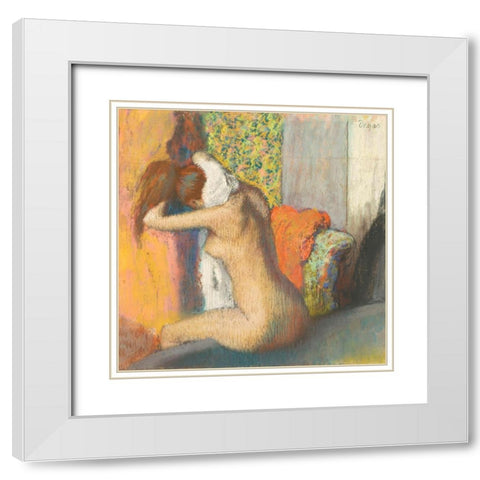 After the Bath, Woman Drying her Nape White Modern Wood Framed Art Print with Double Matting by Degas, Edgar