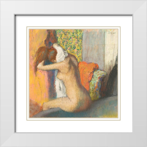 After the Bath, Woman Drying her Nape White Modern Wood Framed Art Print with Double Matting by Degas, Edgar