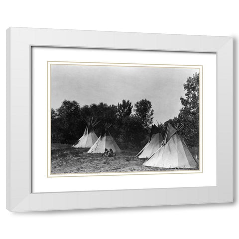 An Assiniboin camp containing four tepees with Indians seated on ground White Modern Wood Framed Art Print with Double Matting by Curtis, Edward