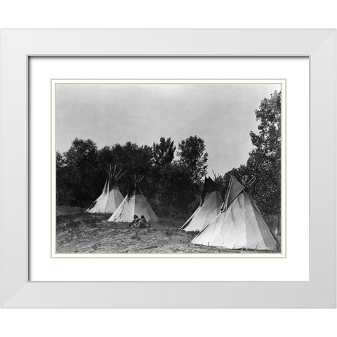 An Assiniboin camp containing four tepees with Indians seated on ground White Modern Wood Framed Art Print with Double Matting by Curtis, Edward
