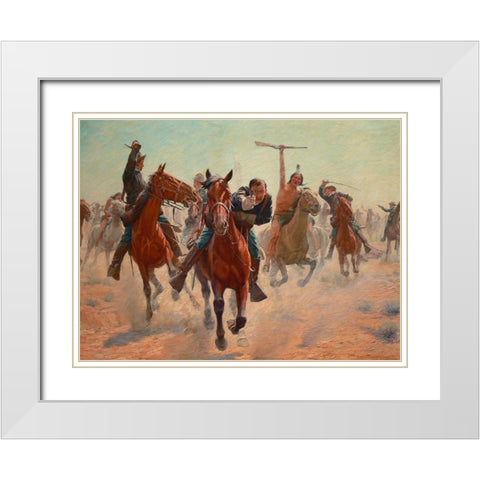 Gilcrease, Breaking through the line White Modern Wood Framed Art Print with Double Matting by Schreyvogel, Charles