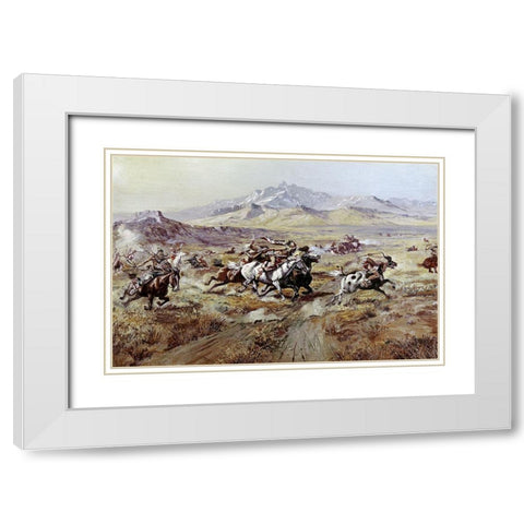 Stage Coach Attack White Modern Wood Framed Art Print with Double Matting by Russell, Charles Marion