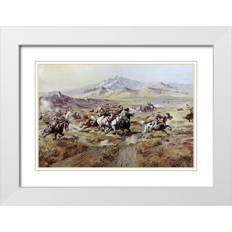 Stage Coach Attack White Modern Wood Framed Art Print with Double Matting by Russell, Charles Marion