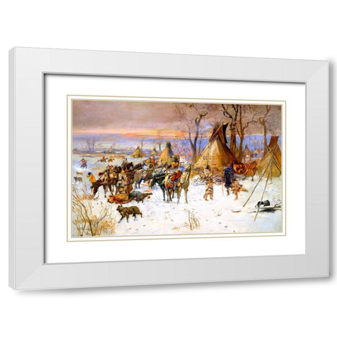 Indian Hunters Return White Modern Wood Framed Art Print with Double Matting by Russell, Charles Marion