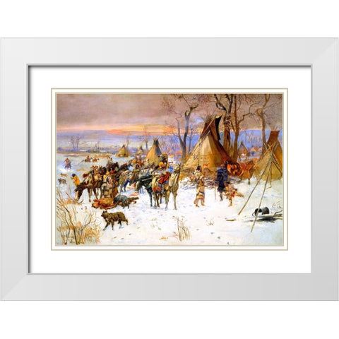 Indian Hunters Return White Modern Wood Framed Art Print with Double Matting by Russell, Charles Marion