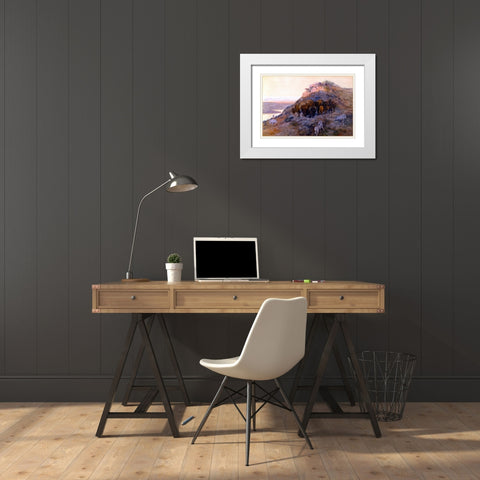 Buffalo Herd at Bay White Modern Wood Framed Art Print with Double Matting by Russell, Charles Marion