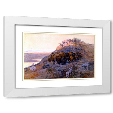 Buffalo Herd at Bay White Modern Wood Framed Art Print with Double Matting by Russell, Charles Marion