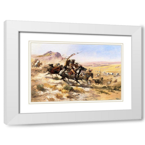 Attack on a Wagon Train White Modern Wood Framed Art Print with Double Matting by Russell, Charles Marion