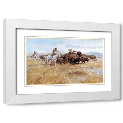 The Buffalo Hunt White Modern Wood Framed Art Print with Double Matting by Russell, Charles Marion