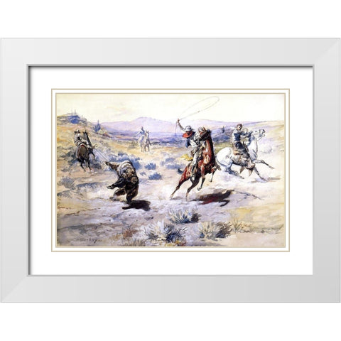Roping a Grizzly White Modern Wood Framed Art Print with Double Matting by Russell, Charles Marion