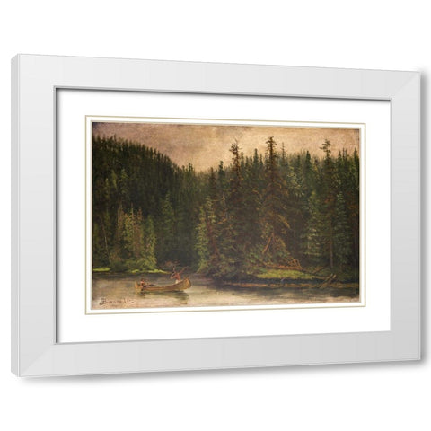 Indian Hunters in Canoe White Modern Wood Framed Art Print with Double Matting by Bierstadt, Albert
