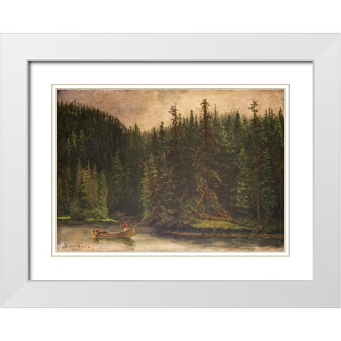 Indian Hunters in Canoe White Modern Wood Framed Art Print with Double Matting by Bierstadt, Albert