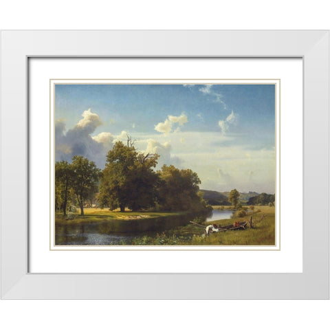 A River Landscape, Westphalia White Modern Wood Framed Art Print with Double Matting by Bierstadt, Albert