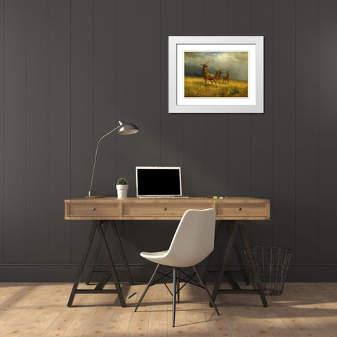 Three Deer and a Stag White Modern Wood Framed Art Print with Double Matting by Bierstadt, Albert