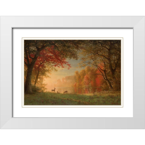 Indian Sunset, Deer by a Lake White Modern Wood Framed Art Print with Double Matting by Bierstadt, Albert