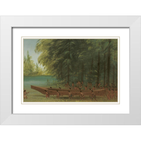 Launching a Canoe Nayas Indians White Modern Wood Framed Art Print with Double Matting by Catlin, George