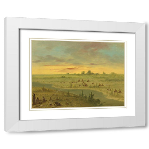 Encampment of Pawnee Indians at Sunset White Modern Wood Framed Art Print with Double Matting by Catlin, George