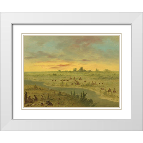 Encampment of Pawnee Indians at Sunset White Modern Wood Framed Art Print with Double Matting by Catlin, George
