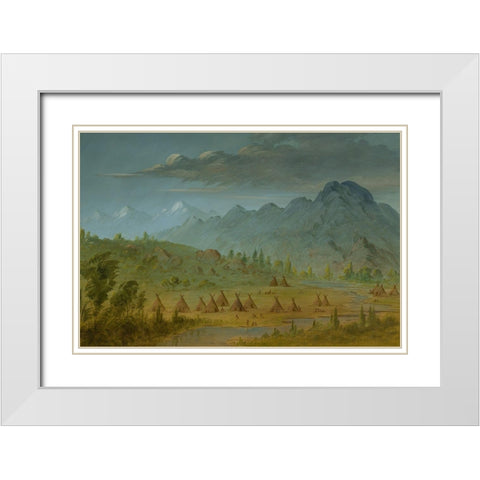 A Crow Village and the Salmon River Mountains White Modern Wood Framed Art Print with Double Matting by Catlin, George