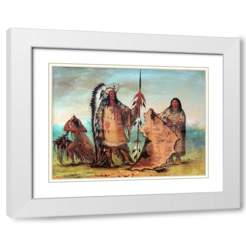Mandan, Mato Tope with wife and son White Modern Wood Framed Art Print with Double Matting by Catlin, George