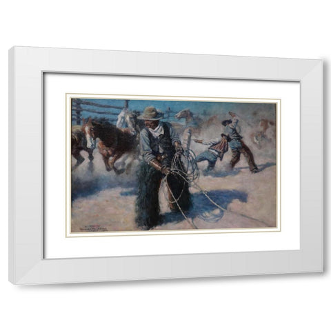 Roping Horses in the Corral White Modern Wood Framed Art Print with Double Matting by Wyeth, N.C.