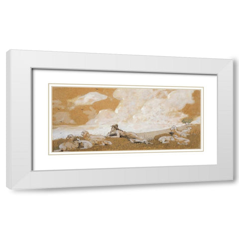 Girl and sheep White Modern Wood Framed Art Print with Double Matting by Homer, Winslow