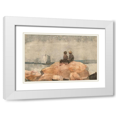 Two Boys Watching Schooners White Modern Wood Framed Art Print with Double Matting by Homer, Winslow