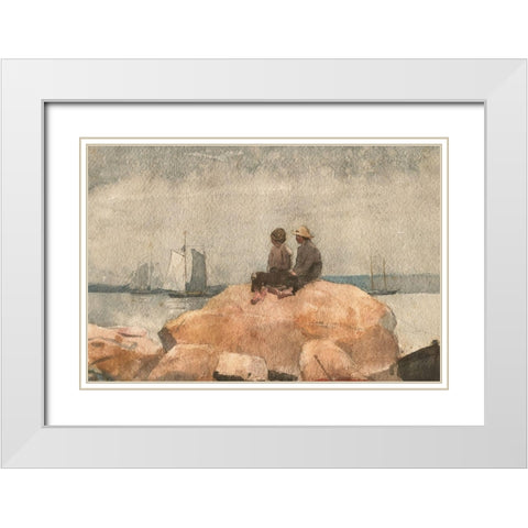 Two Boys Watching Schooners White Modern Wood Framed Art Print with Double Matting by Homer, Winslow
