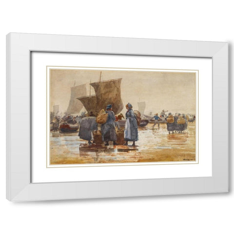 Fisherfolk on the Beach at Cullercoats White Modern Wood Framed Art Print with Double Matting by Homer, Winslow
