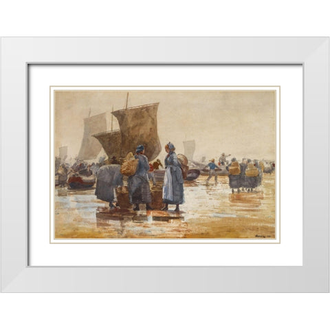 Fisherfolk on the Beach at Cullercoats White Modern Wood Framed Art Print with Double Matting by Homer, Winslow