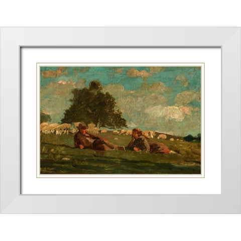 Boy and Girl in a Field with Sheep White Modern Wood Framed Art Print with Double Matting by Homer, Winslow
