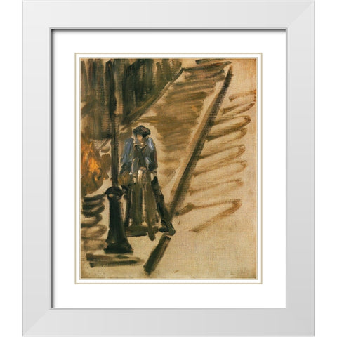 Rue Mossnier with Knife Grinder White Modern Wood Framed Art Print with Double Matting by Manet, Edouard