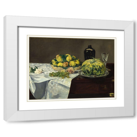 Still Life with Melon and Peaches White Modern Wood Framed Art Print with Double Matting by Manet, Edouard