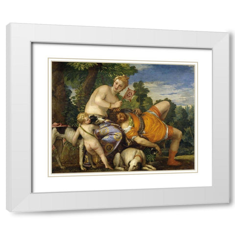 Venus and Adonis White Modern Wood Framed Art Print with Double Matting by Veronese, Paolo