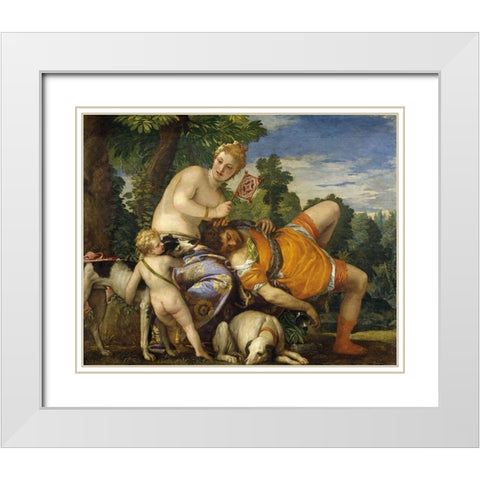 Venus and Adonis White Modern Wood Framed Art Print with Double Matting by Veronese, Paolo