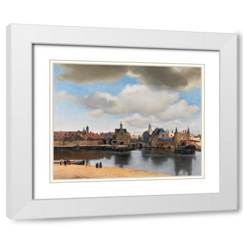 View of Delft White Modern Wood Framed Art Print with Double Matting by Vermeer, Johannes