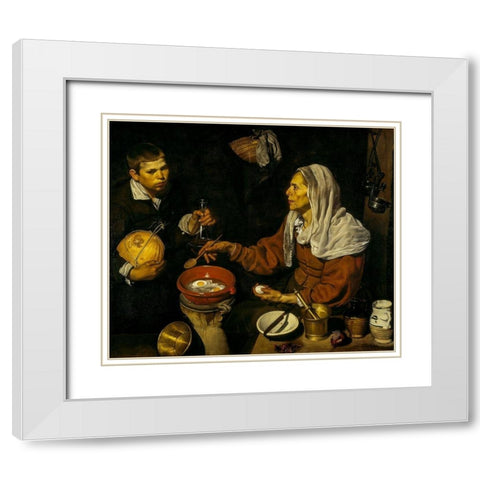 Old Woman Frying Eggs White Modern Wood Framed Art Print with Double Matting by Velazquez, Diego