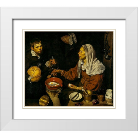 Old Woman Frying Eggs White Modern Wood Framed Art Print with Double Matting by Velazquez, Diego