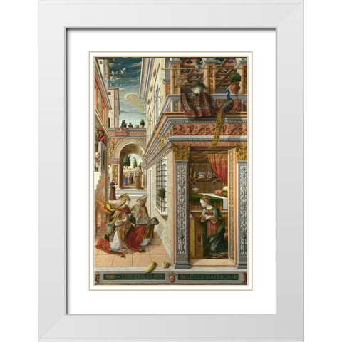 The Annunciation, with Saint Emidius White Modern Wood Framed Art Print with Double Matting by Crivelli, Carlo