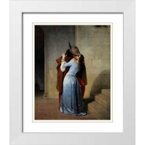 The Kiss White Modern Wood Framed Art Print with Double Matting by Hayez, Francesco