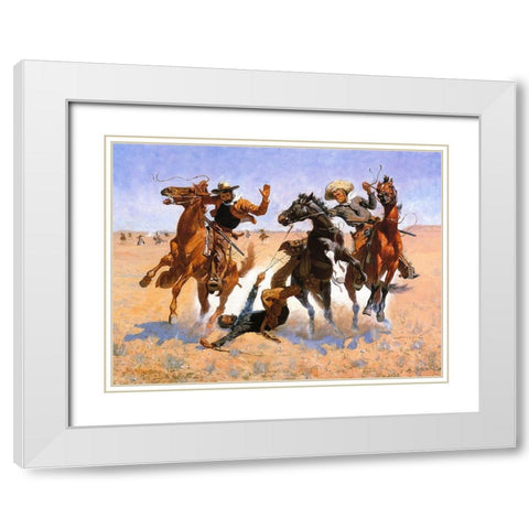 Aiding a Comrade White Modern Wood Framed Art Print with Double Matting by Remington, Frederic