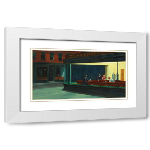 Nighthawks White Modern Wood Framed Art Print with Double Matting by Hopper, Edward