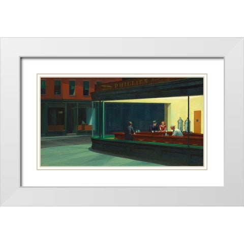 Nighthawks White Modern Wood Framed Art Print with Double Matting by Hopper, Edward