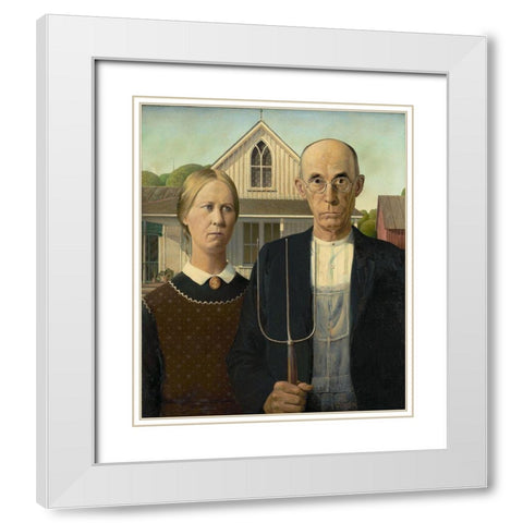 American Gothic White Modern Wood Framed Art Print with Double Matting by Wood, Grant