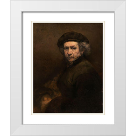 Self-Portrait with Beret and Turned-Up Collar White Modern Wood Framed Art Print with Double Matting by Rembrandt