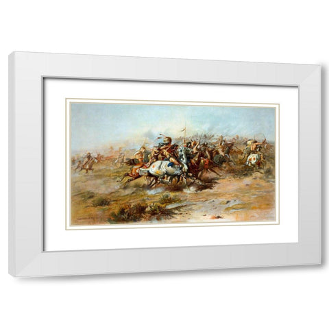 The Custer Fight White Modern Wood Framed Art Print with Double Matting by Russell, Charles Marion