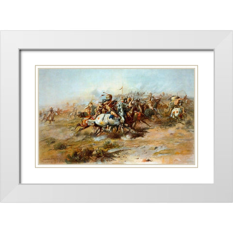 The Custer Fight White Modern Wood Framed Art Print with Double Matting by Russell, Charles Marion